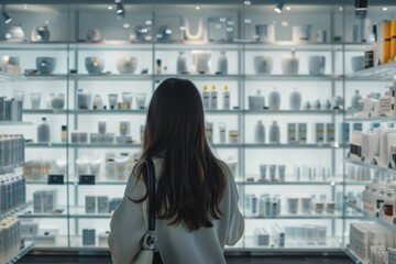 Fototapeta premium rear view of a young woman in a cosmetics store choosing products Generative AI