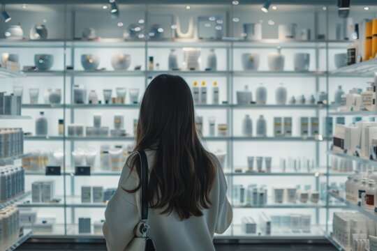 rear view of a young woman in a cosmetics store choosing products Generative AI