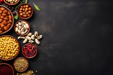 top view of vary kind of nuts and beans with copy space for text. food background for stock photography - generative ai - obrazy, fototapety, plakaty