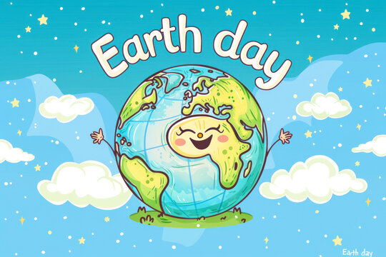 Happy cute cartoon  world globe postcard with Text Earth day.