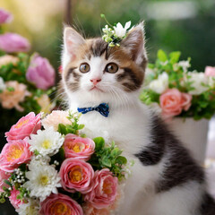 The cut kitten with flowers.