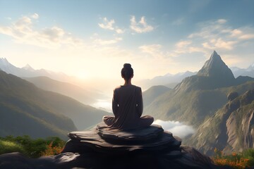 A serene yoga practitioner in a mountainous landscape, embodying peace and mindfulness.
