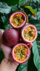 Passion fruit selection  hand holding passion fruit on blurred background with copy space