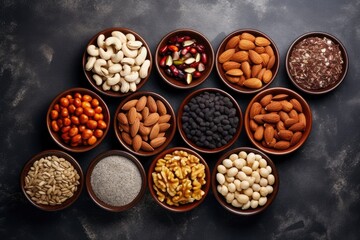 top view of vary kind of nuts and beans with copy space for text. food background for stock photography - generative ai