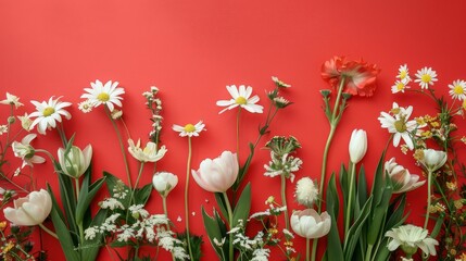beautiful composition spring flowers, pastel red background, copy and text space, 16:9