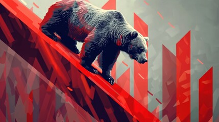 Bear climb down on red inclined plane in stock market, falling stocks, baisse, copy space, 16:9 - obrazy, fototapety, plakaty