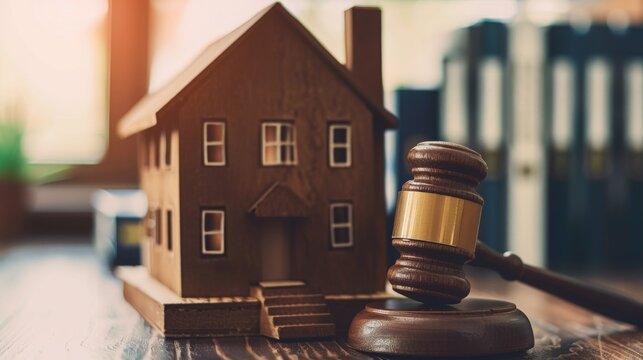 Law hammer and house model, taxes and profits invested in real estate and home purchase, foreclosures, copy space, 16:9