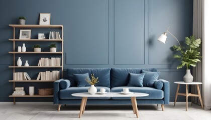 marble coffee table near blue sofa, book shelf on the wall. Scandinavian home interior design of modern living room