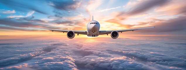 Front view of an airplane above clouds in the sky at sunset - obrazy, fototapety, plakaty