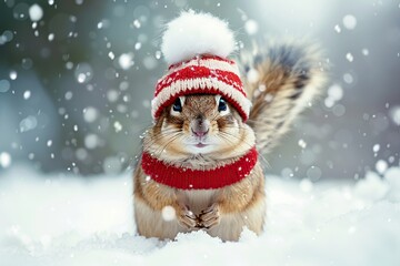 Adorable Chipmunk Wearing Red and White Winter Clothes in Snow