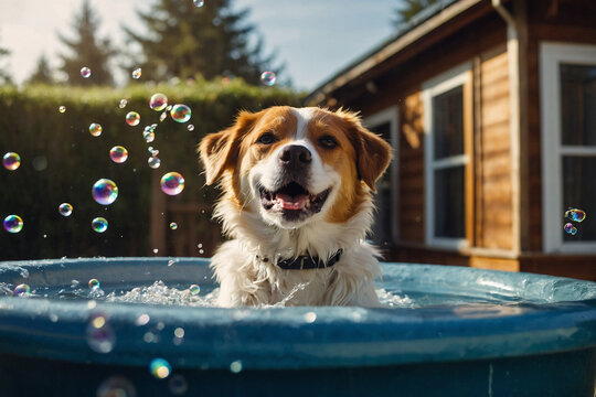 dog Retriever bathing with shampoo and cute
