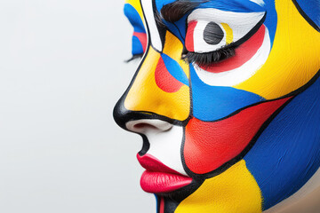 Body-painted fashion woman's face close-up isolated solid background