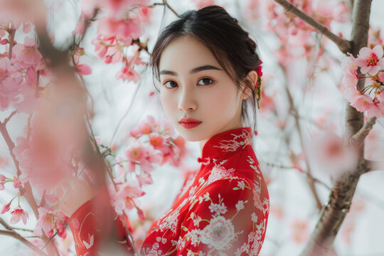 A Beautiful Young Vietnamese Woman In Ao Dai Standing With Flowers