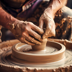A close-up of a potters hands shaping clay on a wheel