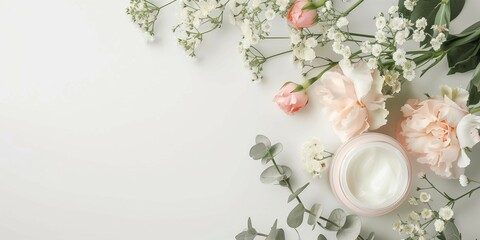 A face cream jar on a white background with copy space and beautiful flowers.