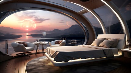 a floating bedroom in a futuristic space station with panoramic views of space