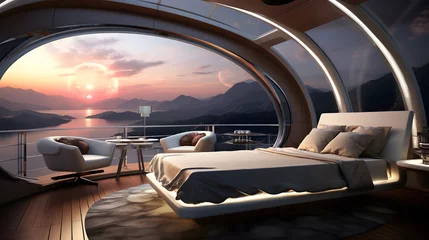 Fotobehang a floating bedroom in a futuristic space station with panoramic views of space © MUHAMMADUMAR
