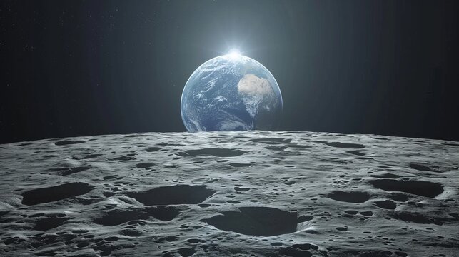 Close up illustration of moon s surface in galaxy space, decorative landscape view