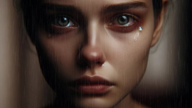 A girl's face with tears against the background of rain. Sadness, loneliness, resentment.