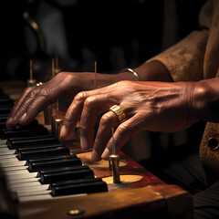 A close-up of hands playing a musical instrument. 