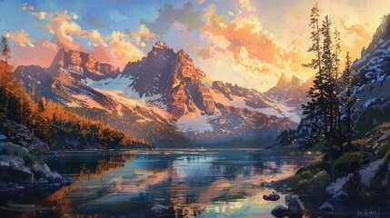 Fototapeta na wymiar A breathtaking Montana mountain vista bathed in golden sunlight, showcasing rugged cliffs jutting into the sky, dense forests clinging to the slopes