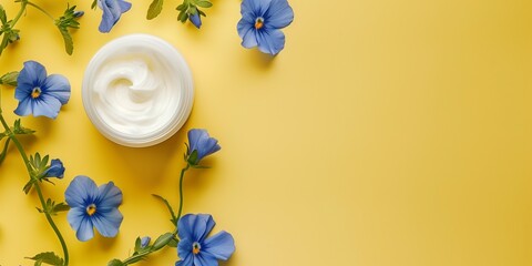 Overhead view of a face cream jar on a yellow background with blue flowers and copy space for text.