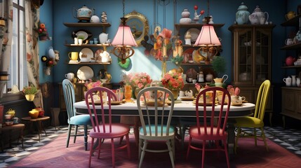 a Mad Hatter's tea party-inspired dining room with mismatched chairs, teapot chandeliers, and an eclectic mix of dinnerware
