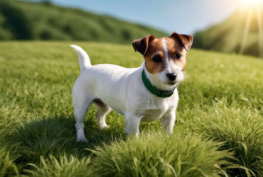 Portrait of Small Jack Russell terrier on green grass in natural park. White funny little Jack Russell terrier dog playing on walk in nature, outdoors. Pet love concept. Copy space for site