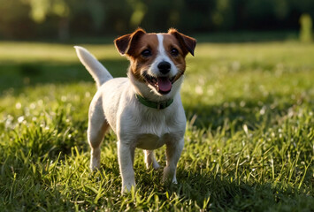 Portrait of Small Jack Russell terrier on green grass in natural park. White funny little Jack Russell terrier dog playing on walk in nature, outdoors. Pet love concept. Copy space for site