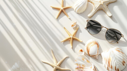 Fototapeta na wymiar Aesthetic summer background with shells, starfish, sunglasses on light backdrop. Vacation template. Generative AI
