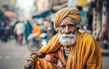 portrait of a native old Indian man in national clothes in the city, personifying the national image of an Indian man