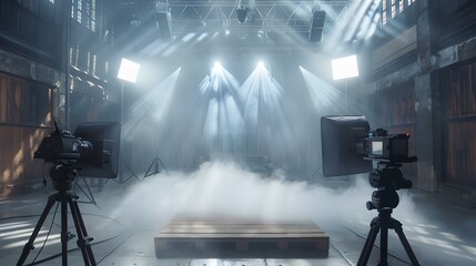 Dramatic film set with intense lighting and haze, capturing a cinematic atmosphere. professional equipment in studio. AI - obrazy, fototapety, plakaty
