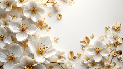 Obraz na płótnie Canvas white and gold flowers wedding invitation background. genertive ai 