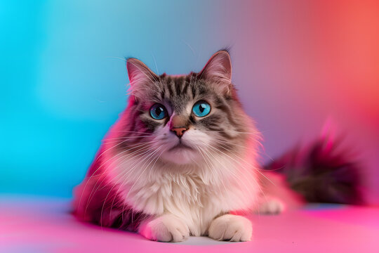 Cat portrait on colourful studio backdrop, generative ai image