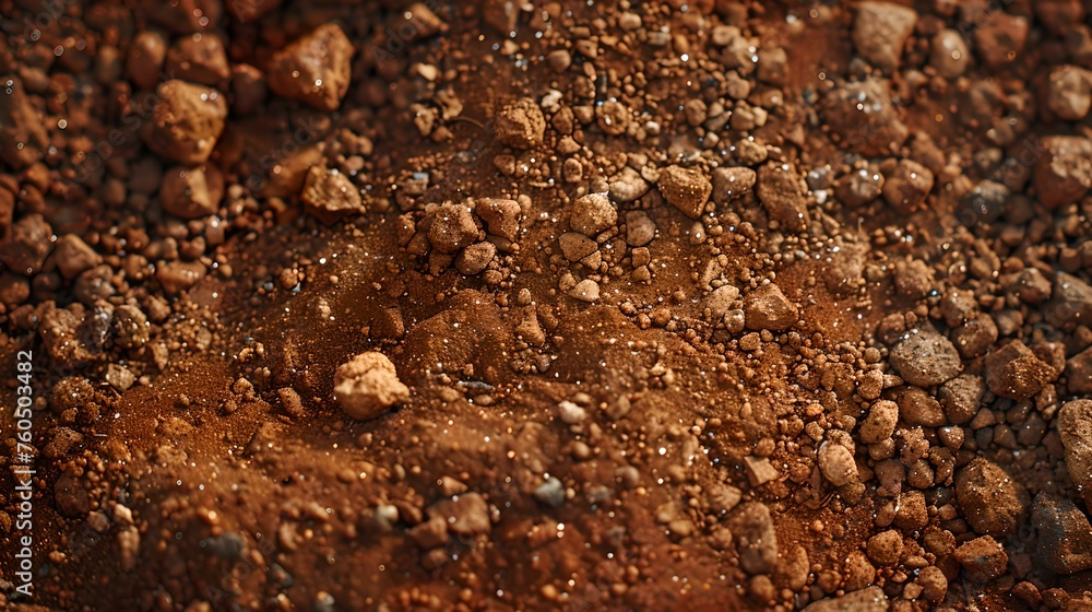 Poster close-up of textured soil surface with stones and pebbles. natural earth background for environmenta