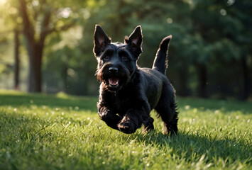 Black puppy Scottish terrier runs on green grass with stick in teeth in natural park. White funny little Scottish terrier dog playing on walk in nature, outdoors. Pet love concept. Copy space for site