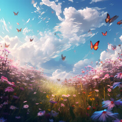 A dreamy meadow with floating butterflies.