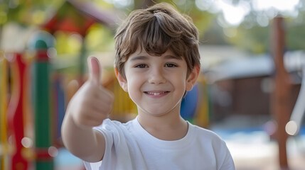 happy brunette boy child showing thumb in confirmation sign in a playground