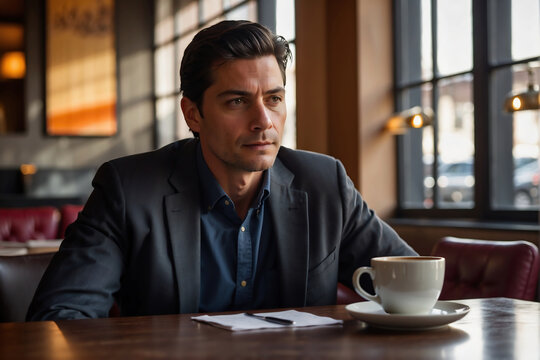 Gesch&auml;ftsmann in Gedanken versunken bei einer Tasse Kaffee im Caf&eacute;