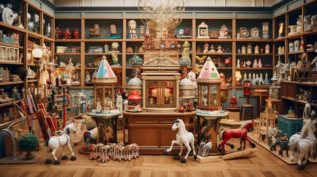  a vintage toy store with wooden rocking horses, porcelain dolls, and shelves filled with classic board games
