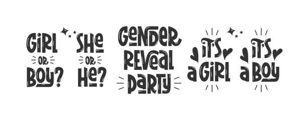 Gender Reveal Party Quotes Hand Lettering Set. It's a Girl or Boy, He or She, Phrases Handwritten Collection. Typographic Design Elements for Baby Party.