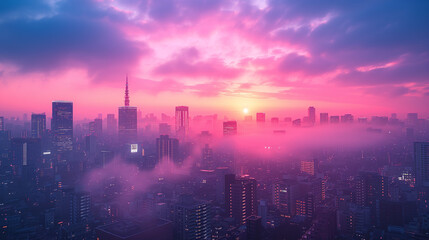 Fototapeta premium 夕日に照らされてピンク色に染まった街