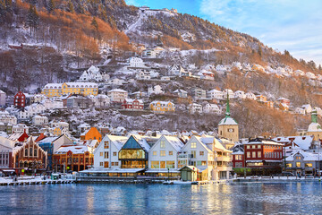 Historic district of Bryggen in Bergen in winter, Norway - obrazy, fototapety, plakaty