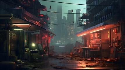  a virtual post-apocalyptic cityscape with makeshift shelters and neon signs