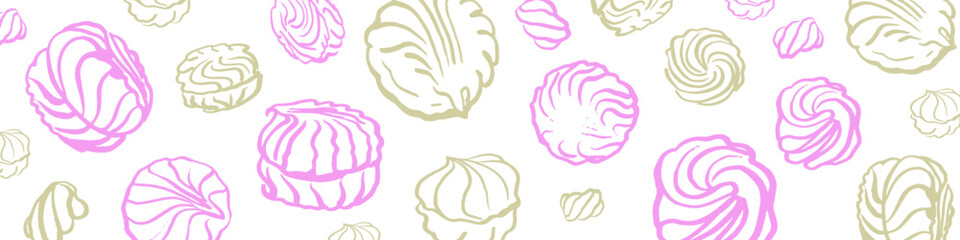 Vector set of hand drawn meringues and zephyr, marshmallow on white background. Sweet marshmallow for bbq, cooking.