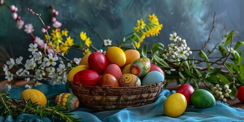 Happy Easter arrangement with a basket filled with colorfully painted eggs and little spring flowers.