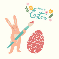 Happy Easter banner, poster, greeting card. Trendy Easter design with lettering, flowers, eggs and happy bunny, in pastel colors on beige background. Flat vector illustration.