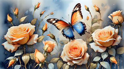 bright tropical butterflies on delicate rose flowers in the garden painted in watercolor - obrazy, fototapety, plakaty