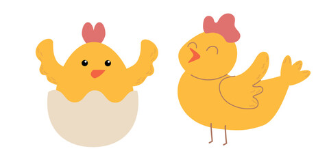 Easter little chicks cartoon character isolated on white background. Trendy Easter design. Flat vector illustration for poster, icon, card, logo, label.