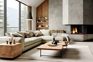 Loft interior design of modern living room, home. Chalet with sofa near fireplace against concrete wall and panoramic window.